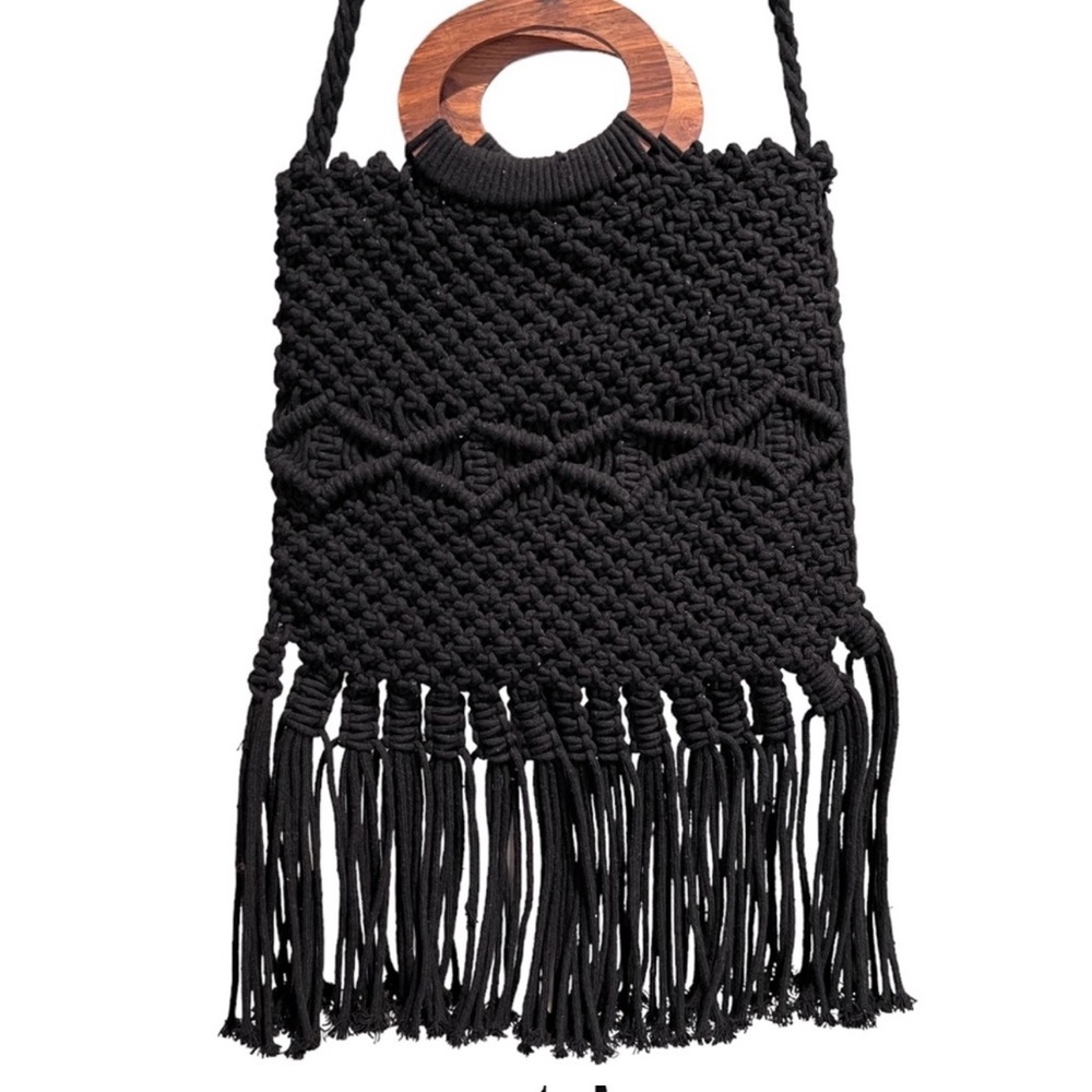 Danielle Nicole Black Macrame Fringed Handbag - image 5